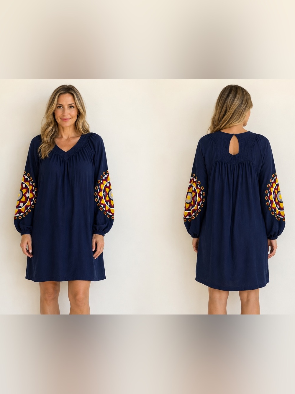Crown & Ivy Womens Dress V-Neck Navy W/Embroidered Sleeves BoHo Sz L EUC